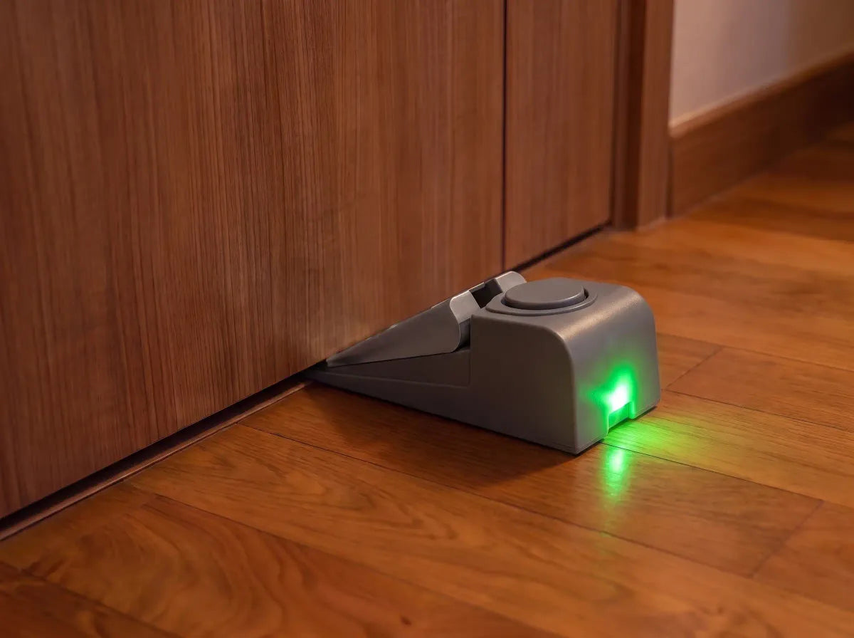 The techSafe Room Sentry armed at the base of a hotel room door